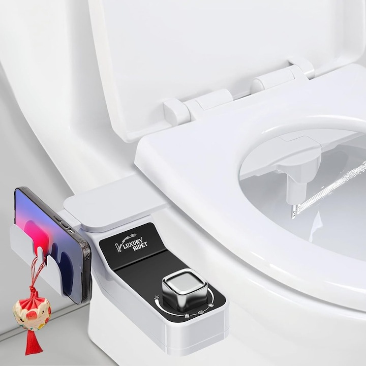 Bideu Retractabil Ultra-Slim, Auto Curatare, Non Electric, Buton Control Presiune, Apa Rece, Universal, Usor de Instalat, Kit Accesorii WC, Sistem pentru Colac si Capac Toaleta, Argintiu