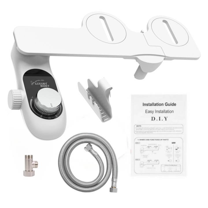 Bideu Retractabil Ultra-Slim cu Filtru de Apa Purificata, Auto Curatare, Non Electric, Buton Control Presiune, Apa Rece, Universal, Usor de Instalat, Kit Accesorii WC, Sistem pentru Colac si Capac Toaleta, Argintiu