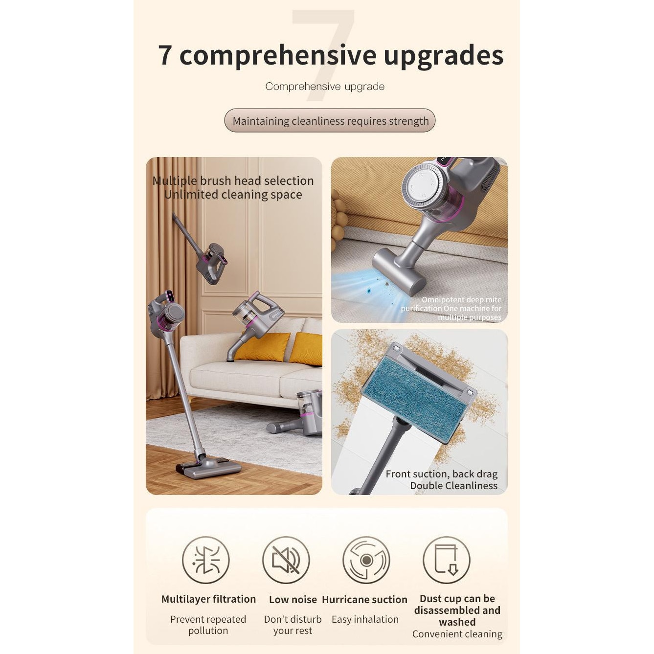 Aspirator portabil fara fir multifunctional pentru uz casnic, ORBER, curatare eficienta, eliminare acarieni, putere mare de aspirare, utilizare uscat/umed, cu accesorii multiple, aspirare auto, baterie reincarcabila USB, zgomot redus, Gri