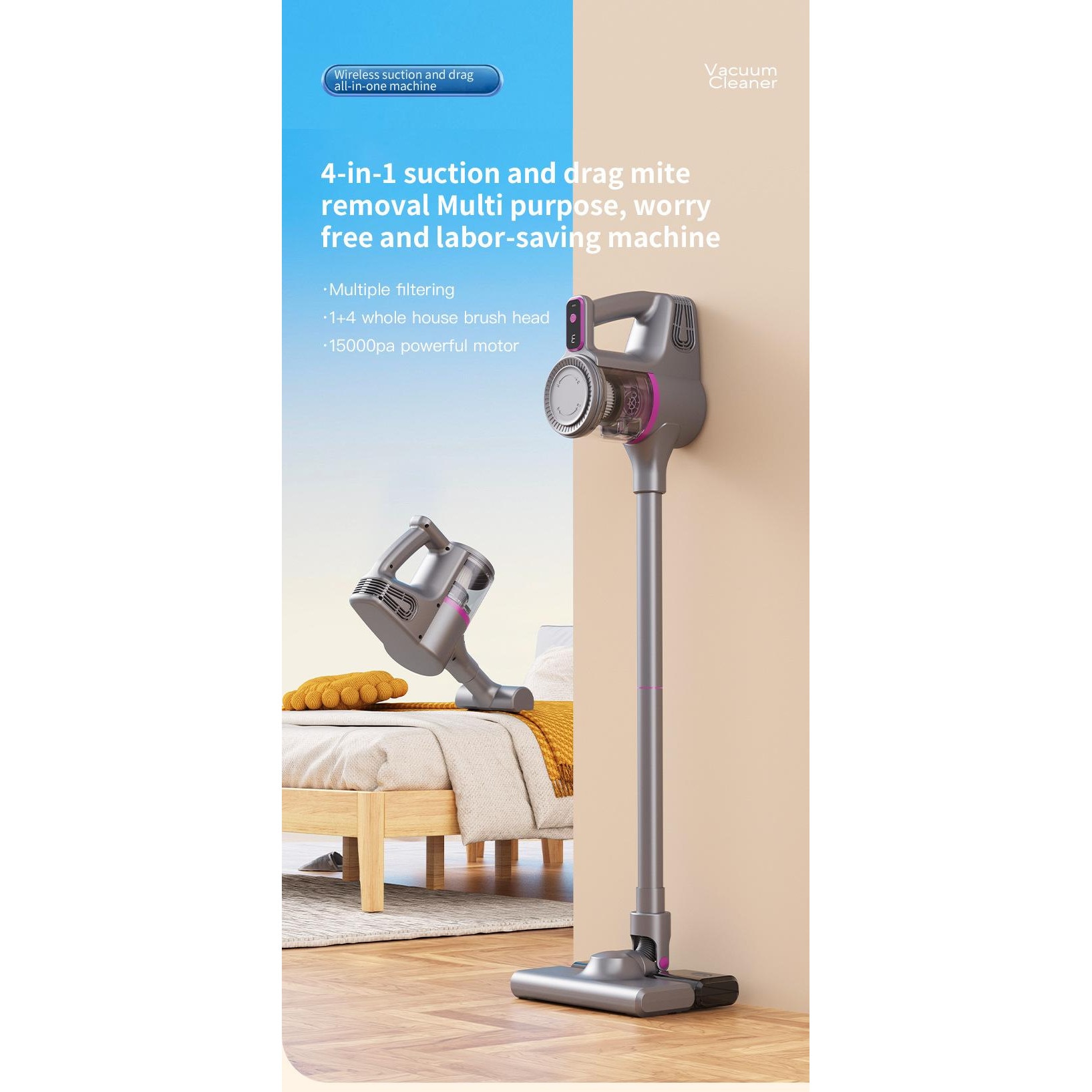 Aspirator portabil fara fir multifunctional pentru uz casnic, ORBER, curatare eficienta, eliminare acarieni, putere mare de aspirare, utilizare uscat/umed, cu accesorii multiple, aspirare auto, baterie reincarcabila USB, zgomot redus, Gri