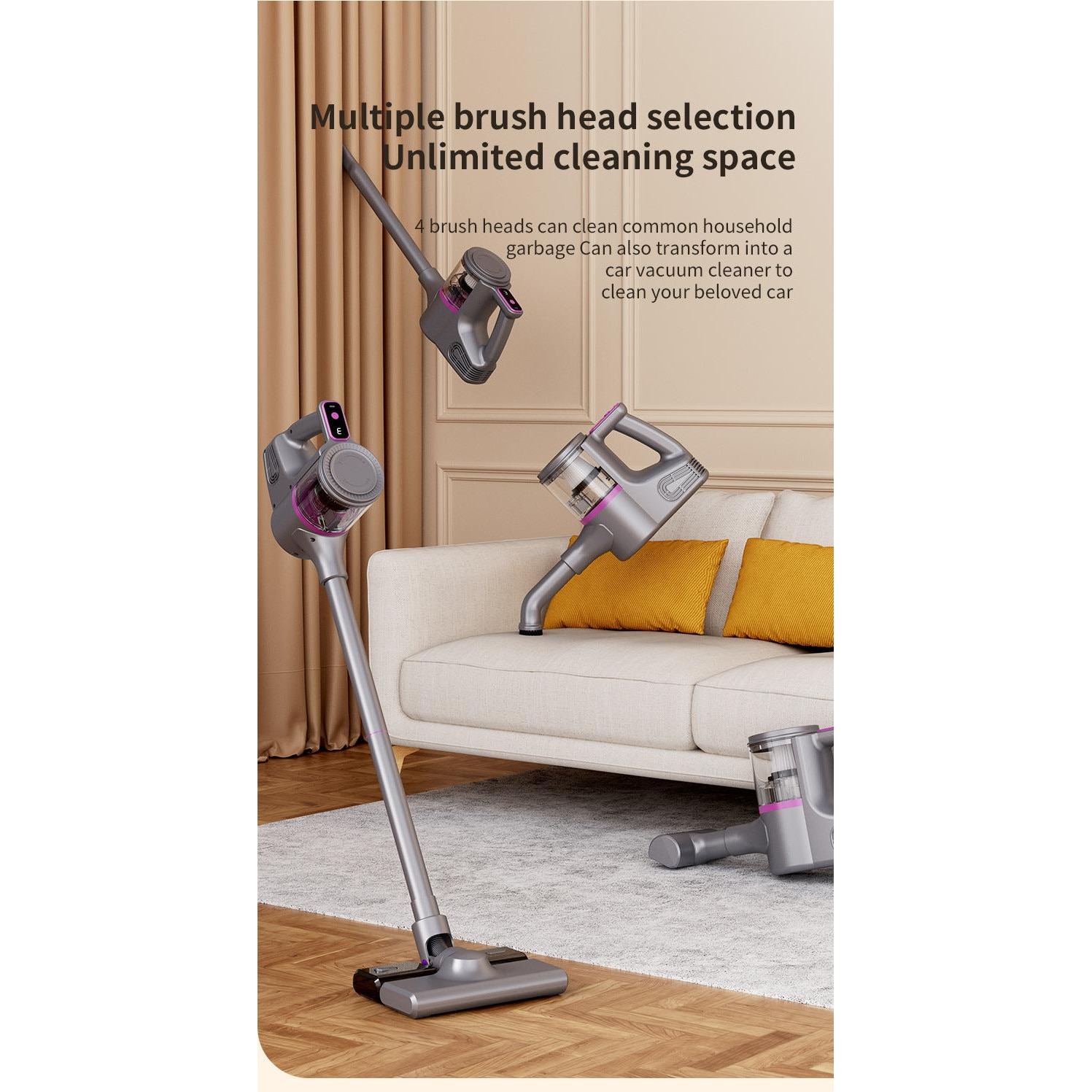 Aspirator portabil fara fir multifunctional pentru uz casnic, ORBER, curatare eficienta, eliminare acarieni, putere mare de aspirare, utilizare uscat/umed, cu accesorii multiple, aspirare auto, baterie reincarcabila USB, zgomot redus, Gri