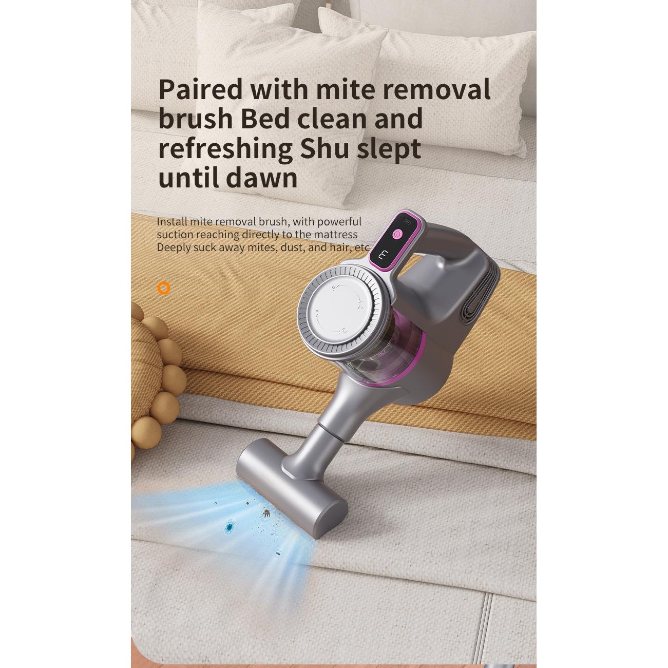 Aspirator portabil fara fir multifunctional pentru uz casnic, ORBER, curatare eficienta, eliminare acarieni, putere mare de aspirare, utilizare uscat/umed, cu accesorii multiple, aspirare auto, baterie reincarcabila USB, zgomot redus, Gri