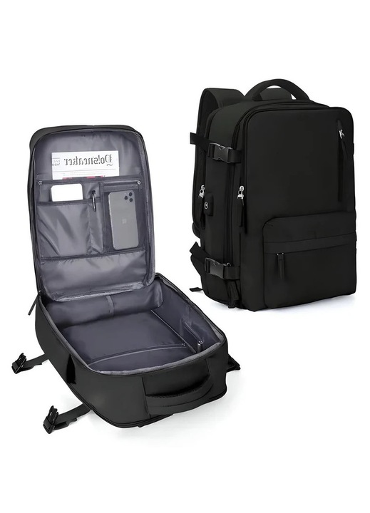 Rucsac de voiaj, DEYKAY, multifunctional, Port de incarcare USB, Compartimente multiple, Separare uscata si umeda, cu compartiment pantofi, Capacitate mare, Impermeabil, Unisex, Pentru laptop pana la 15.6'', 40x 30x15cm, Negru