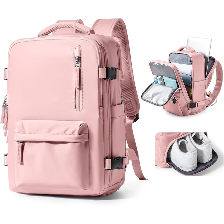 Rucsac de voiaj, DEYKAY, multifunctional, Port de incarcare USB, Compartimente multiple, Separare uscata si umeda, cu compartiment pantofi, Capacitate mare, Impermeabil, Pentru laptop pana la 15.6'', 40x 30x15cm, Roz