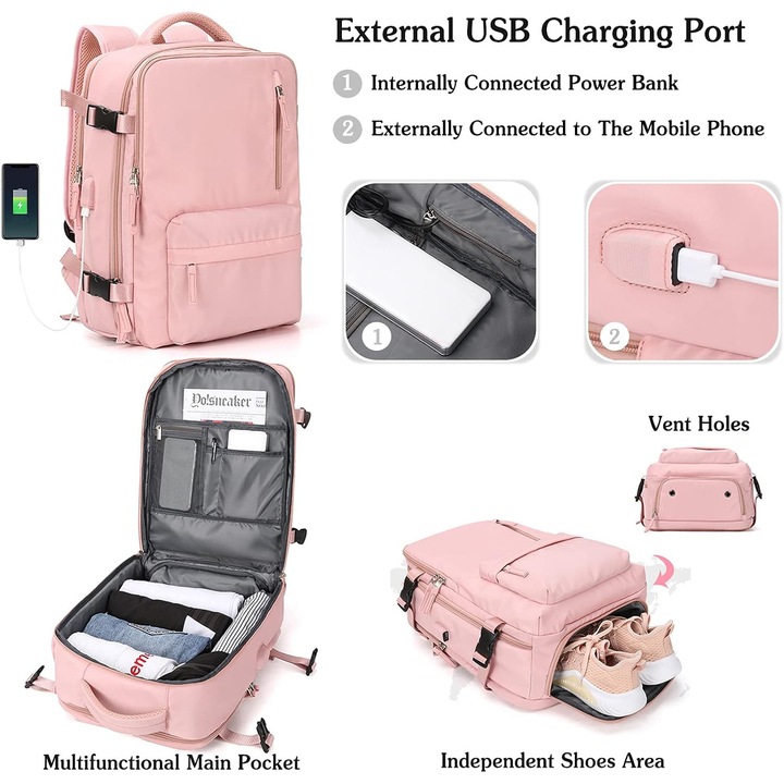 Пътна раница, DEYKAY, многофункционална, USB порт за зареждане, Множество отделения, Сухо и мокро разделяне, с отделение за обувки, Голям капацитет, Водоустойчива, За лаптоп до 15.6'', 40x 30x15cm, Розова