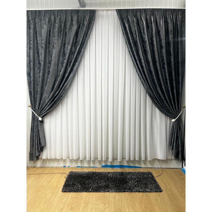 Set doua draperii catifea imprimata Sanremo, gri inchis, lucrata pe rejansa lata de 10 cm, 2x300x250 cm