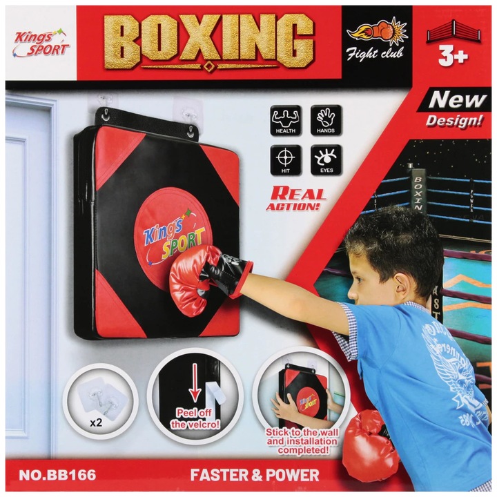 Set Boxing pentru Copii 3+, cu Tinta si 2 Manusi, Plastic Rezistent, Dimensiuni 34x34 cm