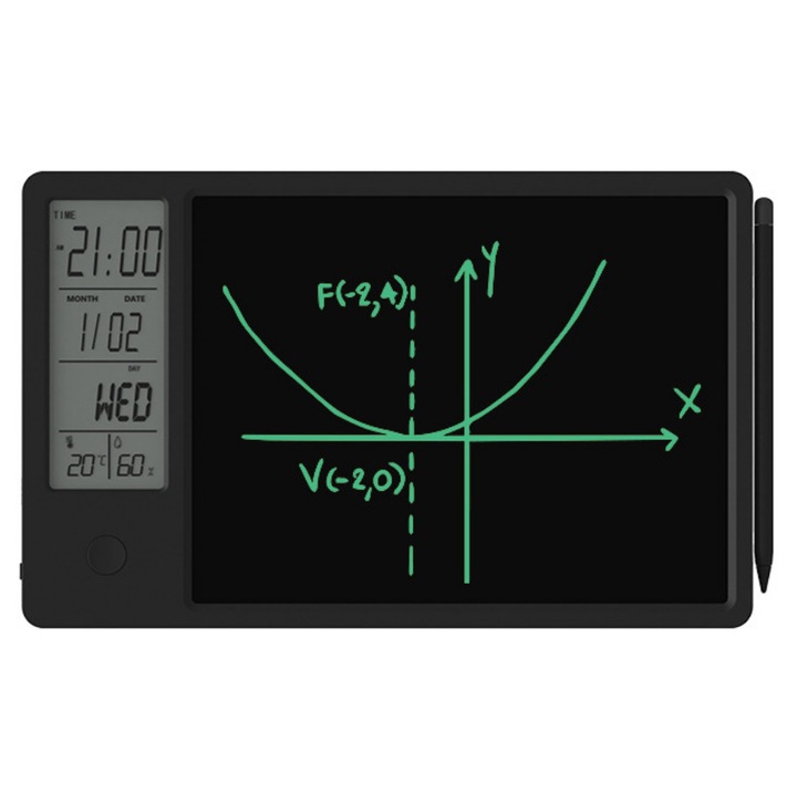 LCD таблет за писане 10 инча, ORBER, с календар и часовник, мониторинг на температура и влажност, Черен, 26.2x16.4x1см