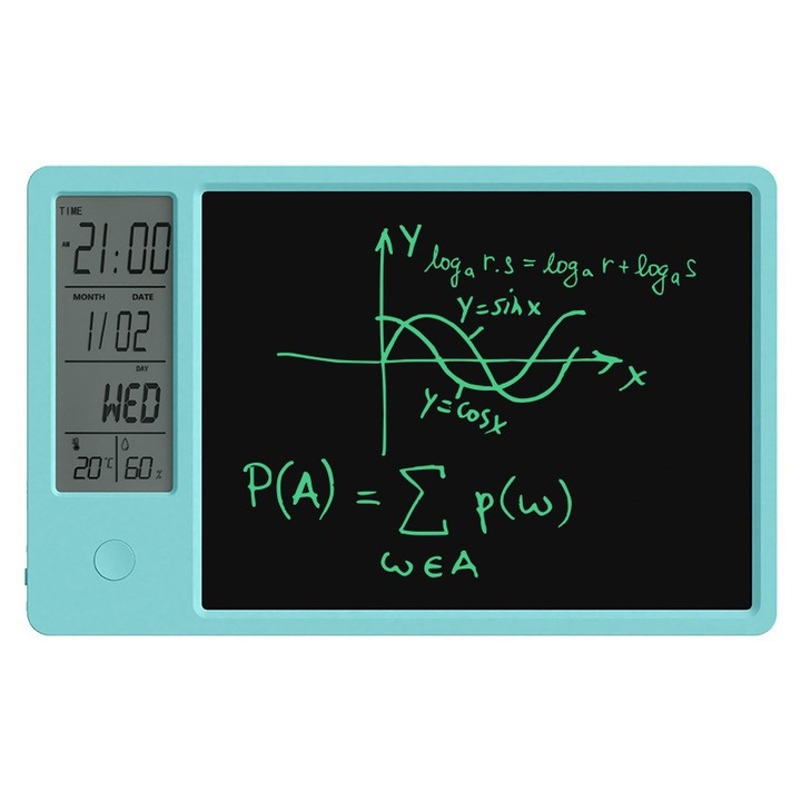 Табла за писане LCD 10 инча, ORBER, многофункционална, с часовник и температурен дисплей, син, 26.2x16.4x1см