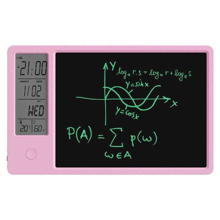LCD дъска за писане 10 инча, ORBER, с часовник, дисплей за температура, розова, 26.2x16.4x1см