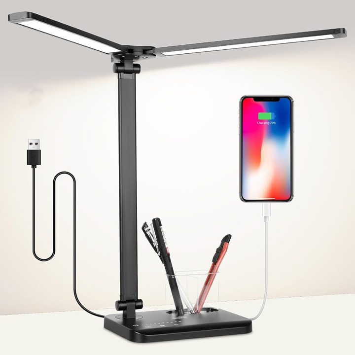 Lampa de birou LED, ZYNORO®,60cm,5 Moduri de Iluminare, 10 Trepte de Intesitate, Protectie Ochi, Negru