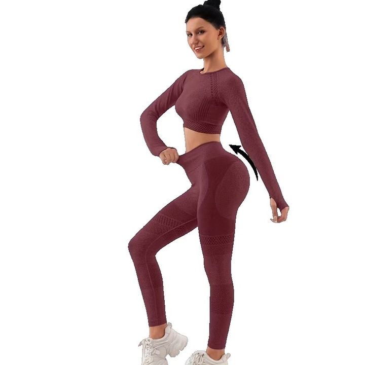Costum Sport de Dama, Flippy, pentru Yoga, Talie Inalta, Top Scurt, Elastic, Burgundy
