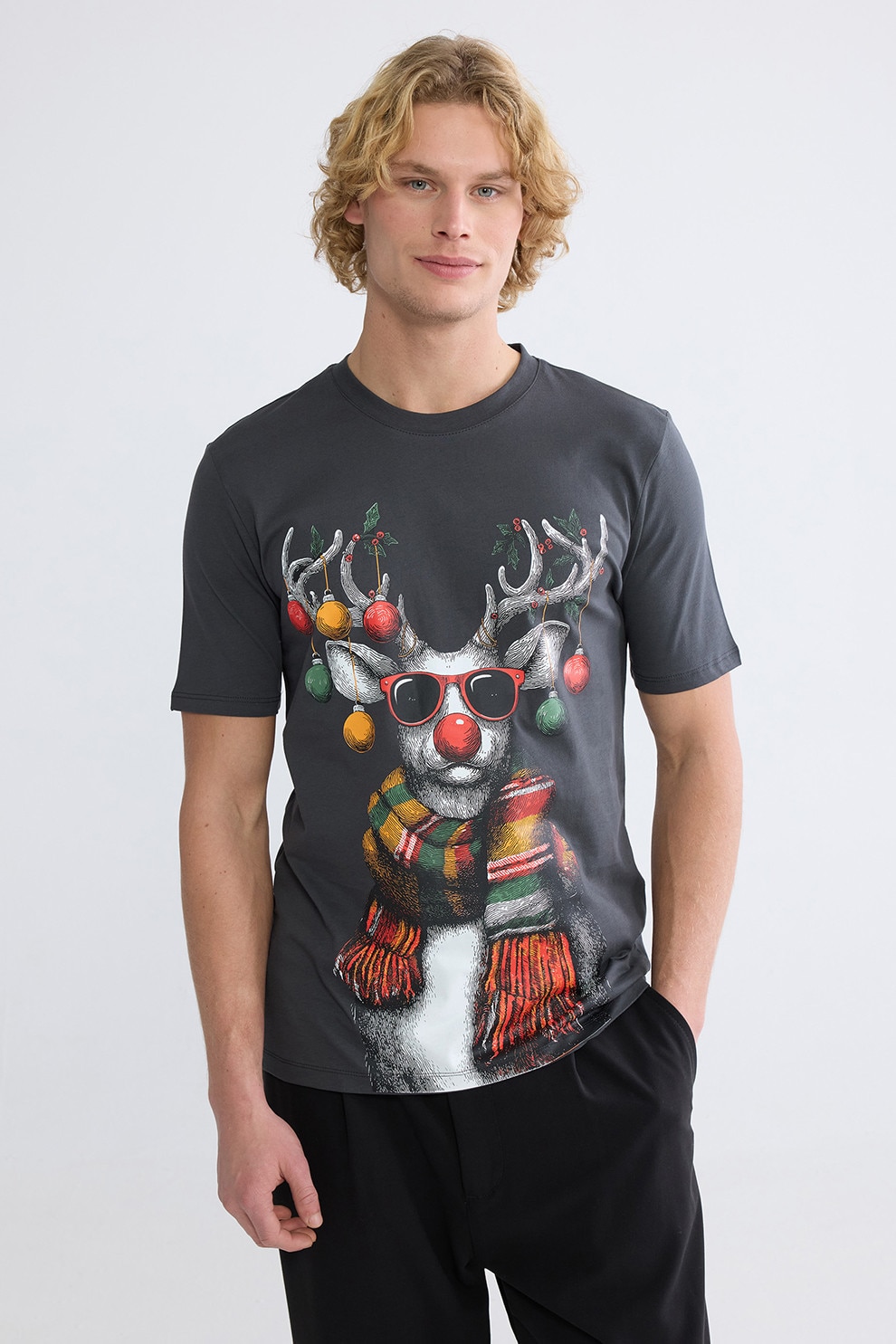 LC WAIKIKI, Tricou cu imprimeu de Craciun, Gri antracit, M