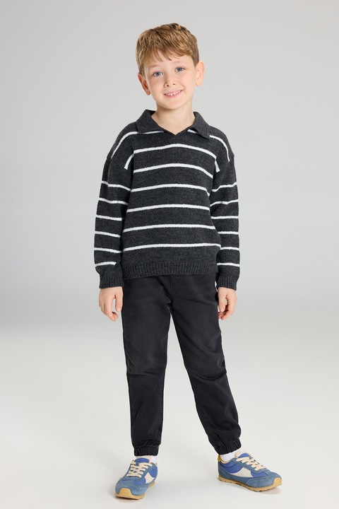 LC WAIKIKI, Pulover cu decolteu in V si dungi, Alb/Gri antracit