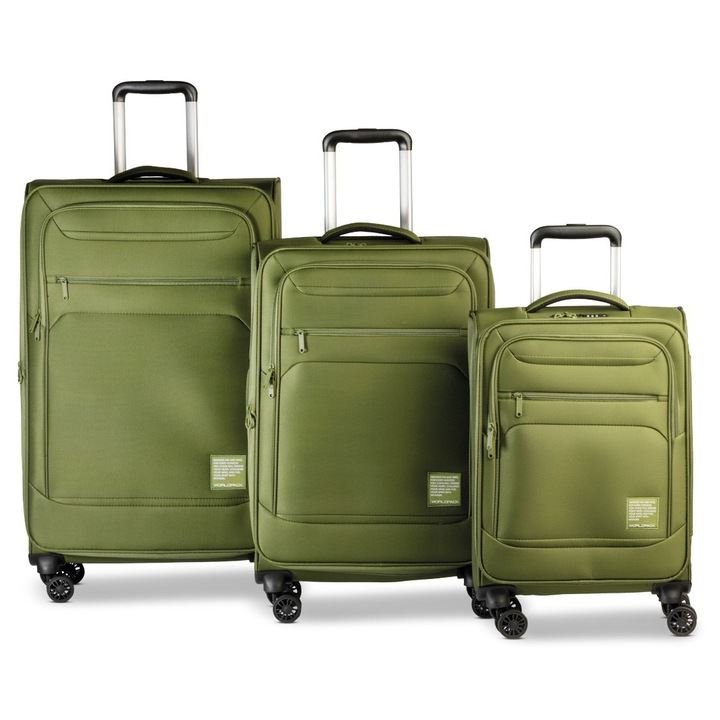 Комплект колички Worldpack Bern F10508, 1 кабинен и 2 регистрирани багажа, полиестер, TSA комбинация, 4 двойни колела, маслинено зелено