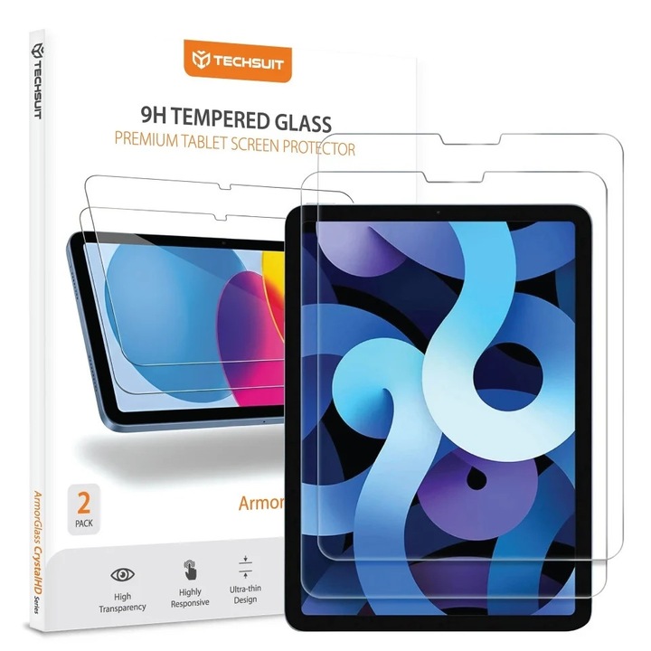 [Pachet x2] Folie pentru iPad Pro 11 2018 / Air 4 / 5 / 11 (2020/2022/2024), SKYDDAR INNOVATION, ArmorGlass CrystalHD, Ultra HD, set cu sticker, Transparent