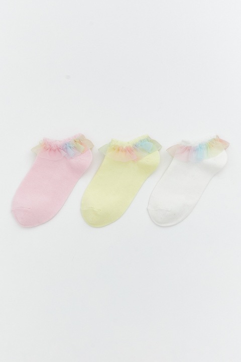 LC WAIKIKI, Set de sosete pana la glezna cu garnitura din tul - 3 perechi, Alb/Galben/Roz