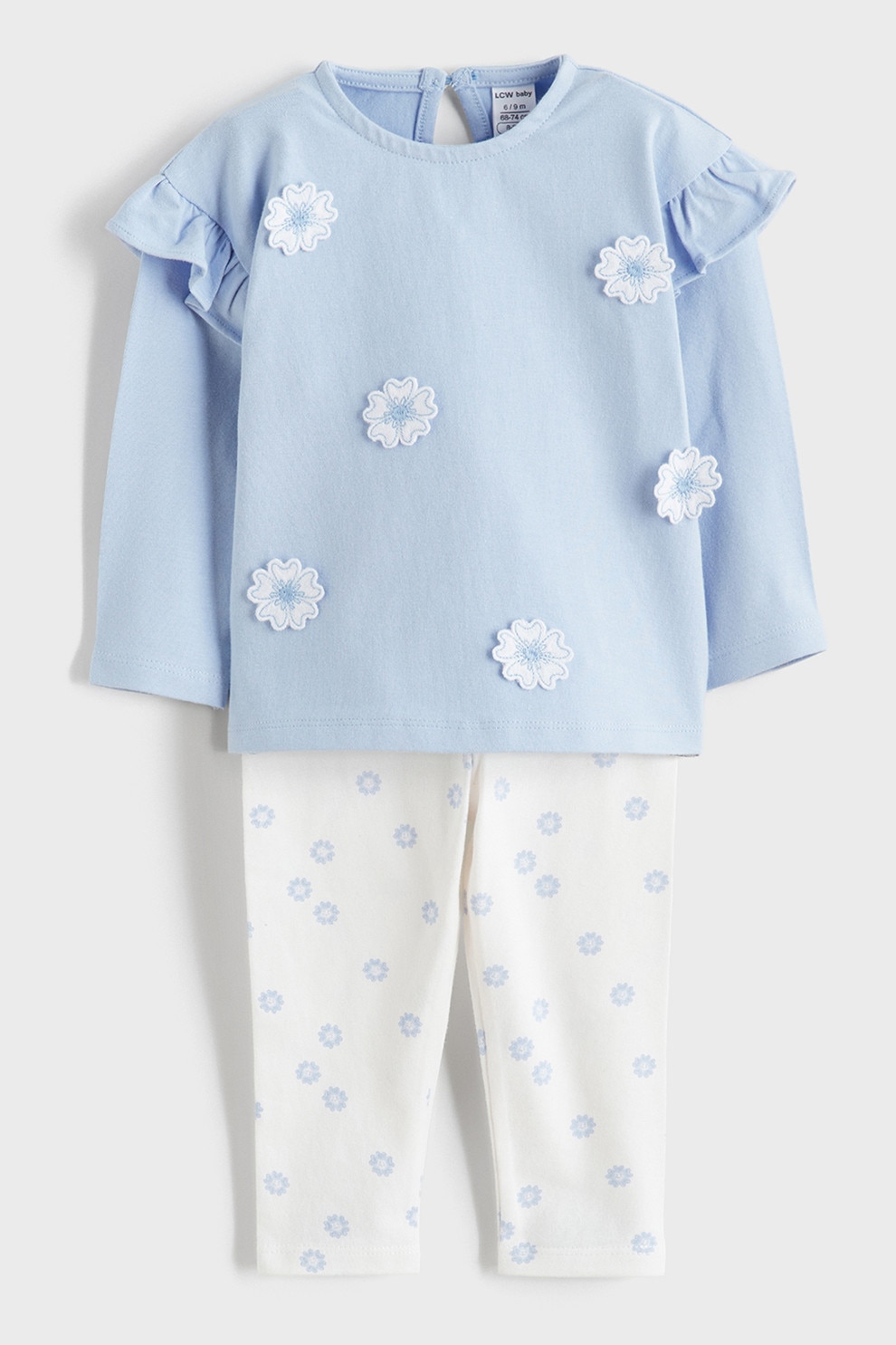 LC WAIKIKI, Set de pantaloni si bluza cu imprimeu - 2 piese, Albastru pastel, Alb fildes, 68-74 CM
