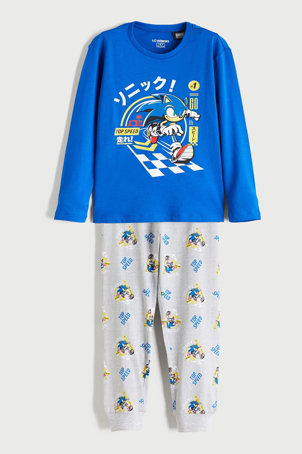 LC WAIKIKI, Pijama cu pantaloni lungi si imprimeu Sonic, Albastru royal, Albastru deschis, 128-134 CM
