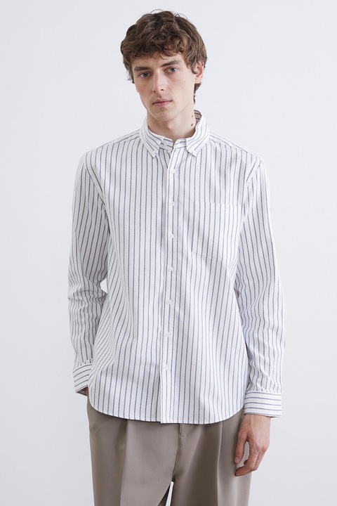 LC WAIKIKI, Camasa cu maneci lungi cu guler fixat cu nasturi, Alb/Bleumarin