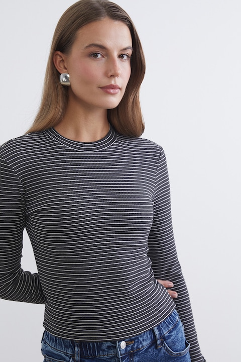 LC WAIKIKI, Bluza slim fit in dungi, Alb/Gri antracit