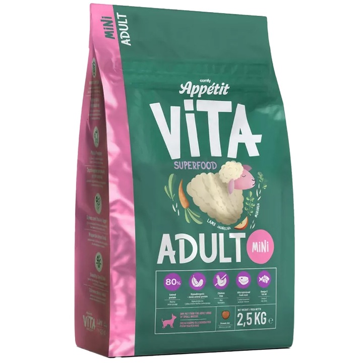 Hrana pentru caini, AQUAEL, Comfy Appetit Vita Mini Lamb, 2,5kg, cu miel, granule mici, suport imunitar, pentru sanatatea dintilor