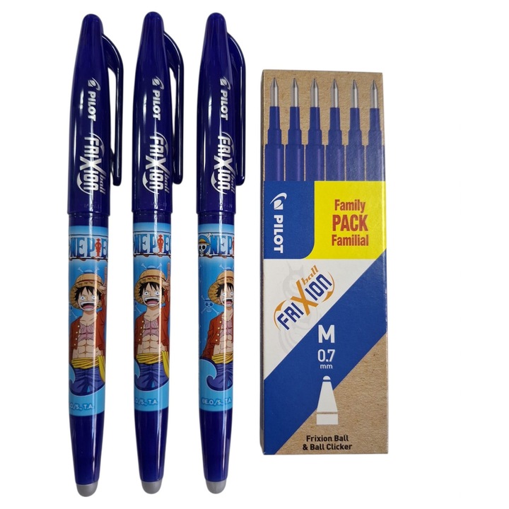 Pilot frixion, set 3 rollere 0.7 + 6 rezerve 0.7 scriere albastra