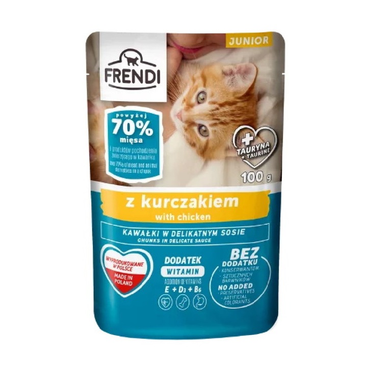 Frendi, hrana pentru pisici junior, 100 g, bucati in sos cu pui, 70% carne