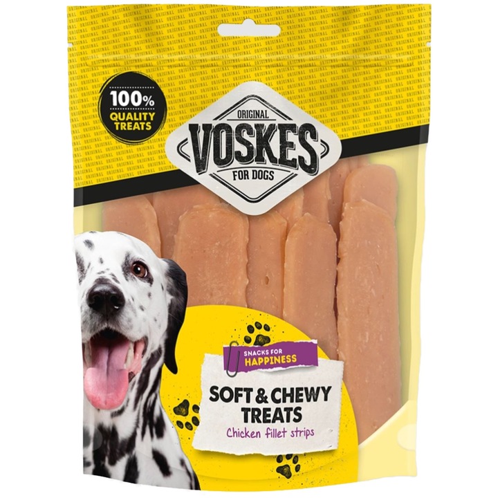 Biscuiti pentru caini, Voskes, fasii de piept de pui, 400 g, fara aditivi