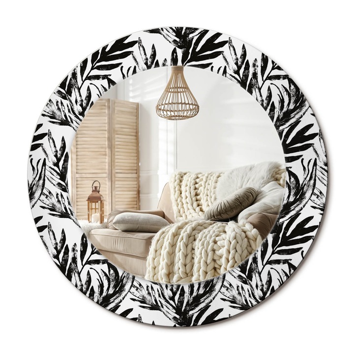 Kerek Tükör Kerettel És Nyomtatott Mintával, Decormat, Szörnyeteg, Fekete és fehér, Ø50 cm, Beltéri Dekorációs Elem, 010090550080300013279