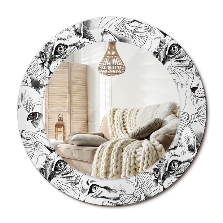 Kerek Tükör Kerettel És Nyomtatott Mintával, Decormat, Macskák, Fekete és fehér, Ø50 cm, Beltéri Dekorációs Elem, 010090550080300011592
