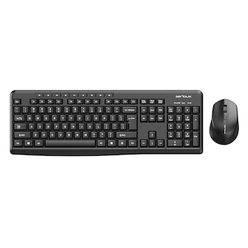 Kit tastatura + mouse wireless Serioux, 104 taste + 9 taste rapide, ABS, switch Huntersun, USB, 442x152x25mm, mouse 1600DPI, Negru