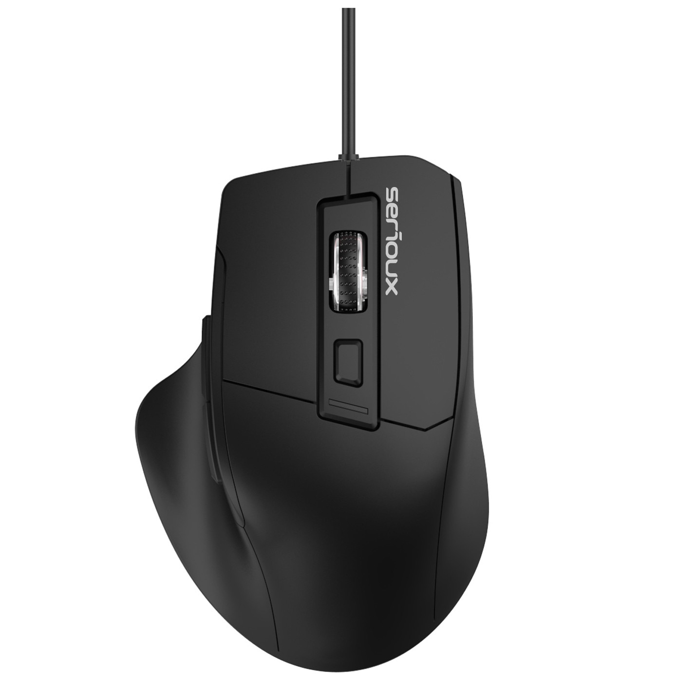 Mouse optic cu fir Serioux, USB, 6 butoane, DPI 3600 DPI, design ERGO complet negru cu capac superior din cauciuc, Cablu 1.5 m, Negru