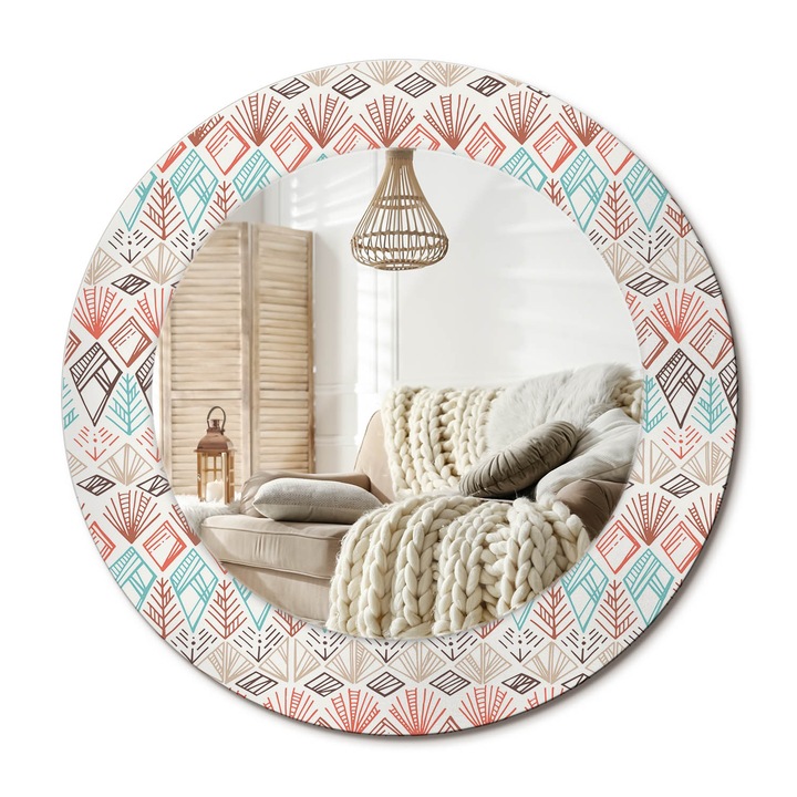 Kerek Tükör Kerettel És Nyomtatott Mintával, Decormat, Etnikai Minta, Többszínű, Ø50 cm, Beltéri Dekorációs Elem, 010090550080300012782