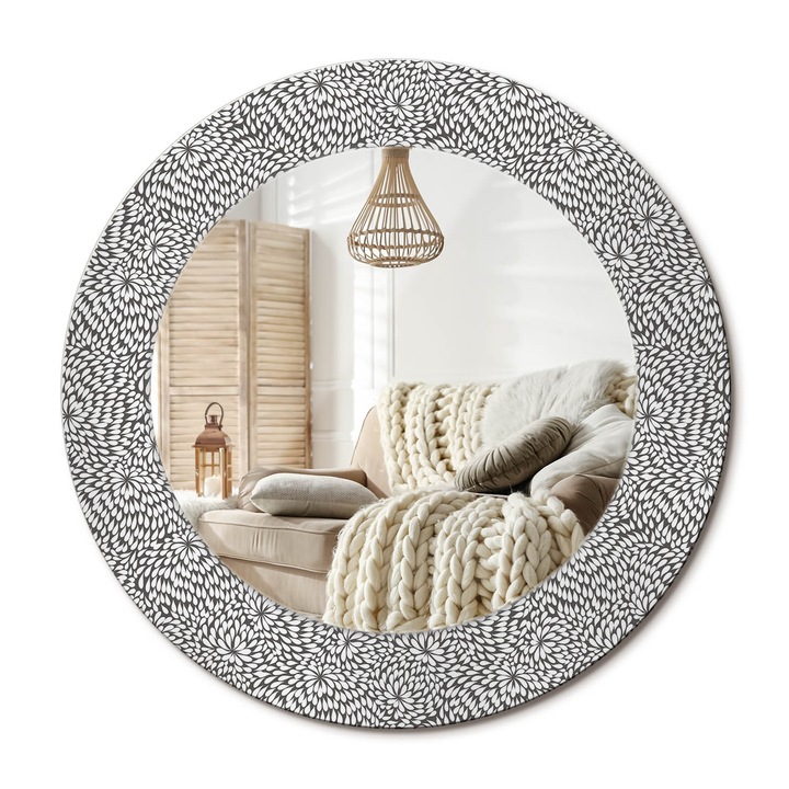 Kör Alakú Fali Tükör Nyomtatással, Decormat, Virágminta, Fekete és fehér, Ø50 cm, Lakásdíszítő Fali Tükör, 010090550080300011037