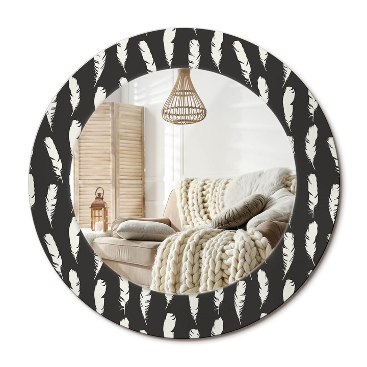 Kör Alakú Fali Tükör Nyomtatással, Decormat, Fekete-Fehér Tollak, Fekete, Ø50 cm, Lakásdíszítő Fali Tükör, 010090550080300011636