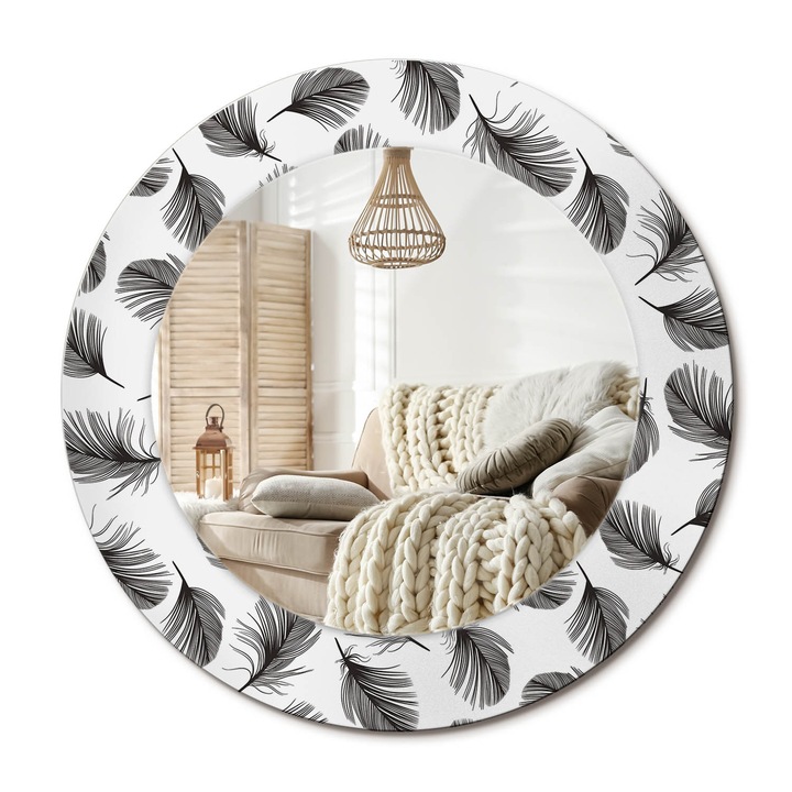 Kerek Tükör Grafikával, Decormat, Tollak, Fekete és fehér, Ø50 cm, Sminkeléshez És Borotválkozáshoz, 010090550080300012787