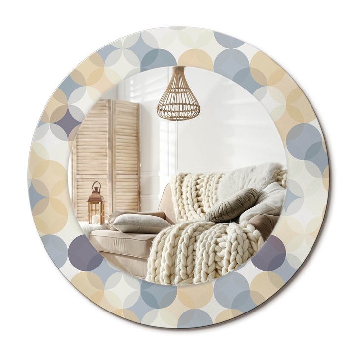 Kerek Tükör Kerettel És Nyomtatott Mintával, Decormat, Geometriai Körök, Bézs, Ø50 cm, Beltéri Dekorációs Elem, 010090550080300029949