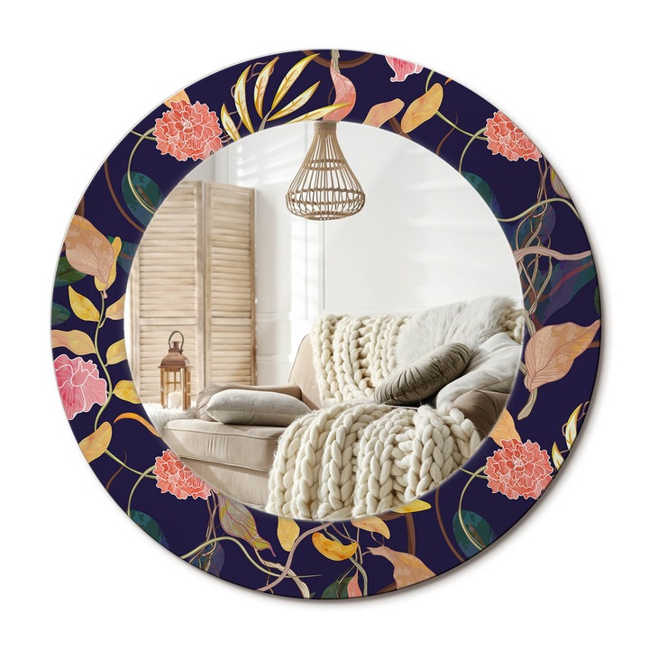 Kerek Tükör Nyomtatással, Decormat, Akvarell Növények, Sárga, Ø50 cm, Nappaliba És Szobába, 010090550080300012931