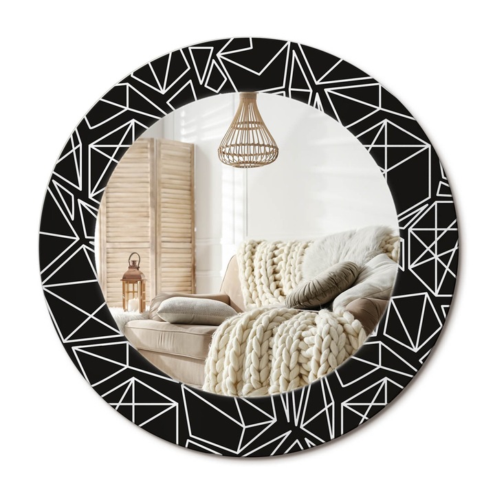 Kör Alakú Tükör Mintával, Decormat, Geometrikus Minta, Fekete és fehér, Ø50 cm, Stílusos Fali Dekoráció, 010090550080300013019