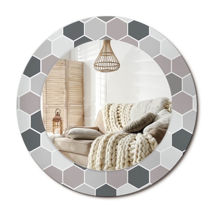 Kerek Fali Tükör Grafikával, Decormat, Hatszögletű Minta, Szürke, Ø50 cm, Különleges Kiegészítő Szobába, 010090550080300020825
