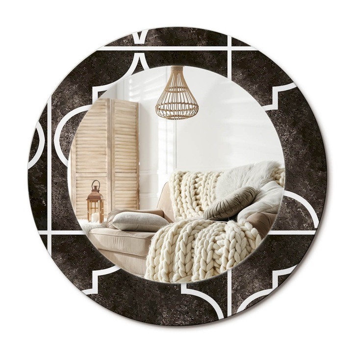 Kör Tükör Nyomtatott Mintával, Decormat, Antik Minta, Fekete és fehér, Ø50 cm, Fésülködőasztalhoz És Gardróbba, 010090550080300020807
