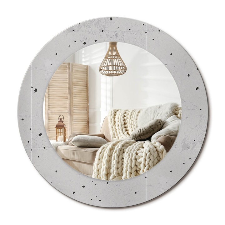 Kerek Tükör Kerettel És Nyomtatott Mintával, Decormat, Beton Textúra, Szürke, Ø50 cm, Beltéri Dekorációs Elem, 010090550080300020867