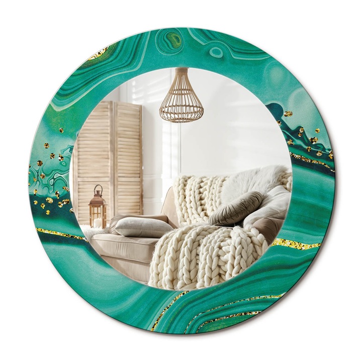 Kerek Tükör Grafikával, Decormat, Achát Márvány, Aranyszín, Ø50 cm, Sminkeléshez És Borotválkozáshoz, 010090550080300020894