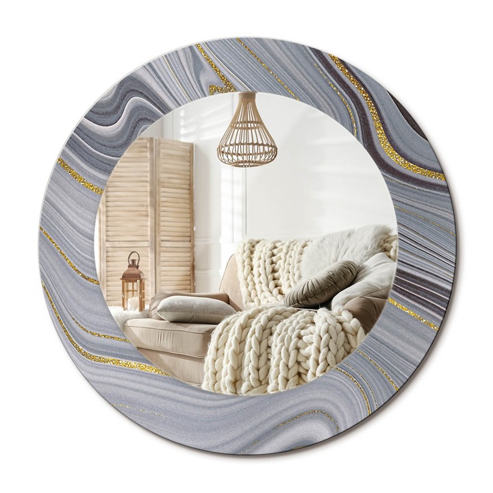 Kerek Tükör Kerettel És Nyomtatott Mintával, Decormat, Szürke Márvány, Szürke, Ø50 cm, Beltéri Dekorációs Elem, 010090550080300020888