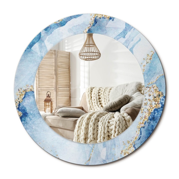 Kör Tükör Grafikai Mintával, Decormat, Kék Márvány, Aranyszín, Ø50 cm, Előszobába És Folyosóra, 010090550080300020891