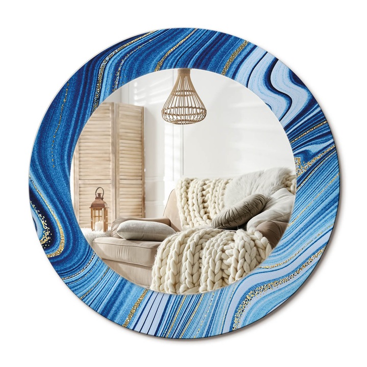 Kerek Fali Tükör Nyomtatott Mintával, Decormat, Márvány Folyó, Aranyszín, Ø50 cm, Nappali Szoba Díszítésére, 010090550080300020892