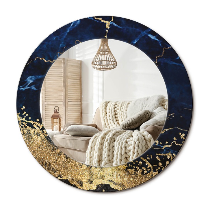 Kör Tükör Grafikai Mintával, Decormat, Kék Márvány, Aranyszín, Ø50 cm, Előszobába És Folyosóra, 010090550080300020923