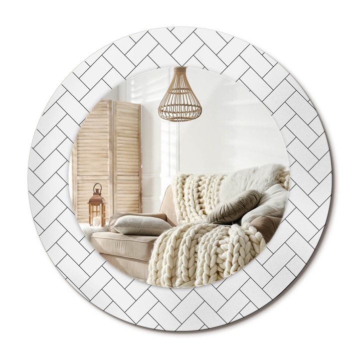 Kör Alakú Tükör Mintával, Decormat, Halszálkás, Fehér, Ø50 cm, Stílusos Fali Dekoráció, 010090550080300020984