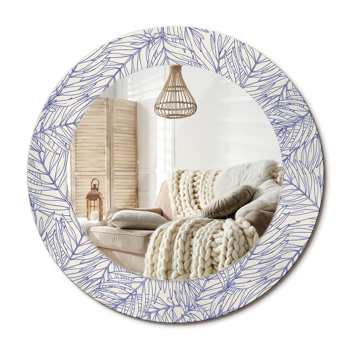 Kör Tükör Grafikai Mintával, Decormat, Trópusi Pálmafa Körvonala, Kék, Ø50 cm, Előszobába És Folyosóra, 010090550080300072576